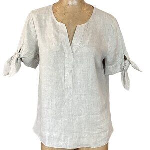 Charter Club Luxury Linen Short Tie-Sleeve Split-V Neck Top Sz M 114H